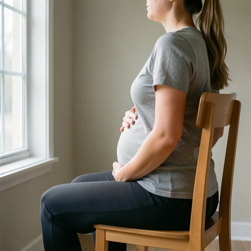 Une personne assise sur une chaise près d une fenêtre, une main posée sur le ventre pendant un exercice de respiration