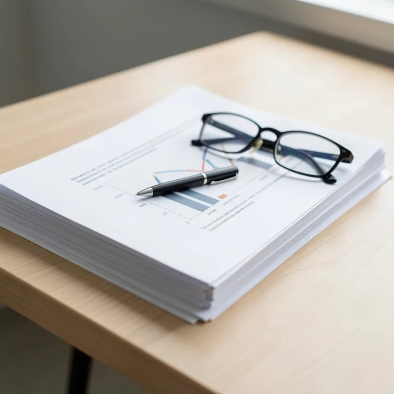 Des documents de recherche et un stylo posés sur une table de bureau claire