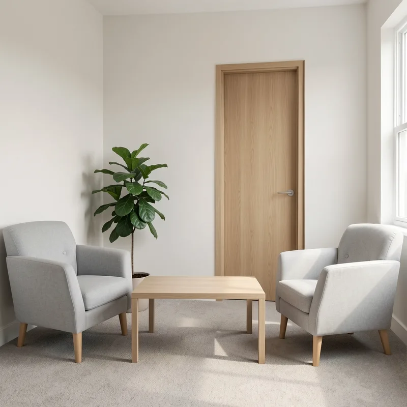 Une salle d attente sobre avec deux fauteuils et une plante verte près d une porte de cabinet