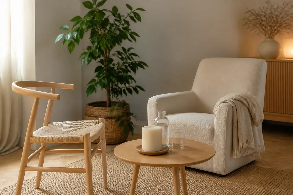 Un fauteuil et une chaise disposés face à face dans un espace de pratique sobre