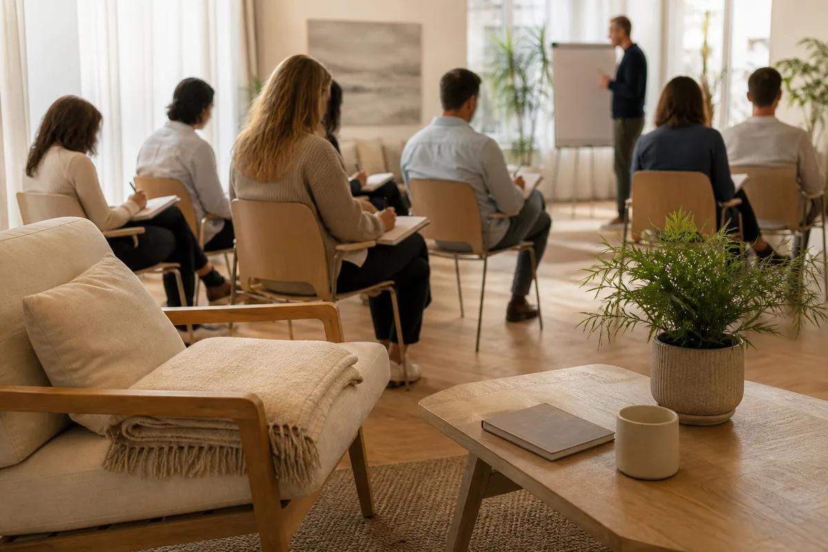 Un groupe en formation prend des notes dans une salle de cours lumineuse