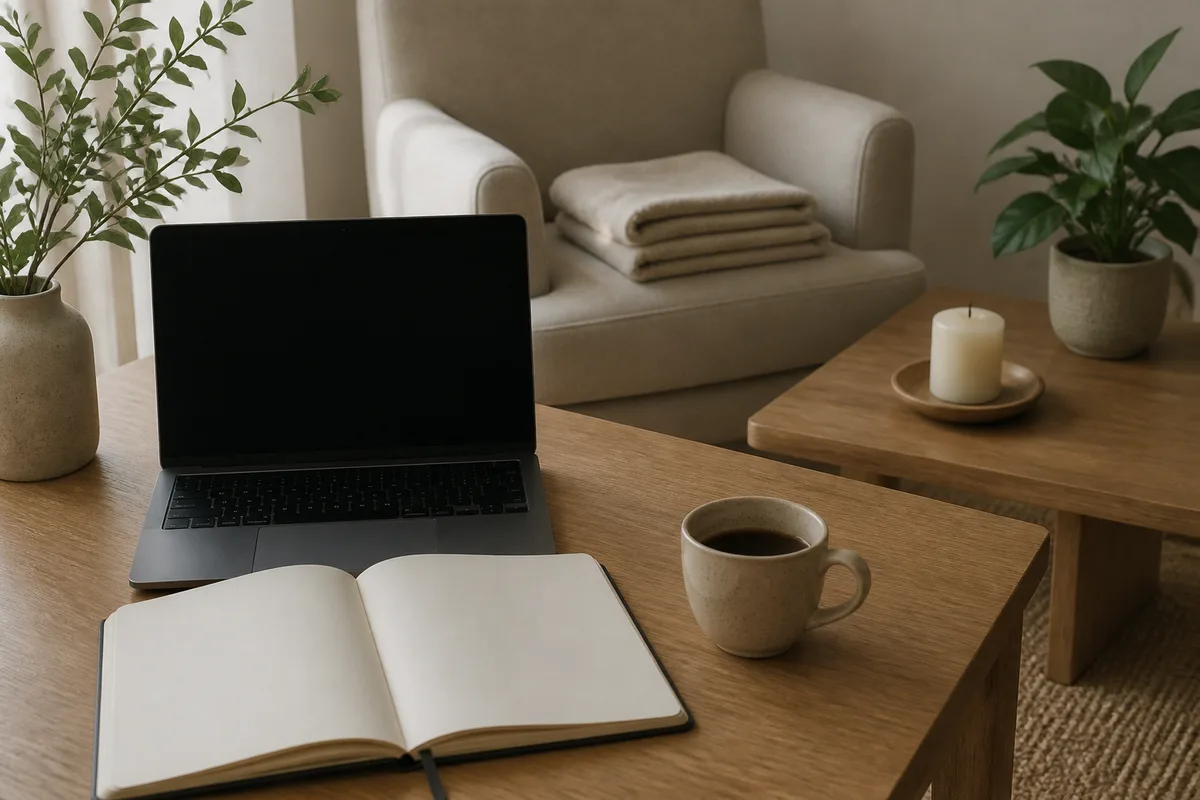 Un bureau de travail avec un agenda ouvert un ordinateur et une tasse de café