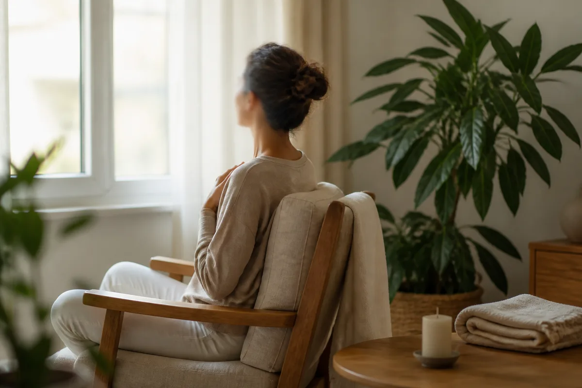 Une personne pratique une respiration guidée assise sur une chaise près d une fenêtre