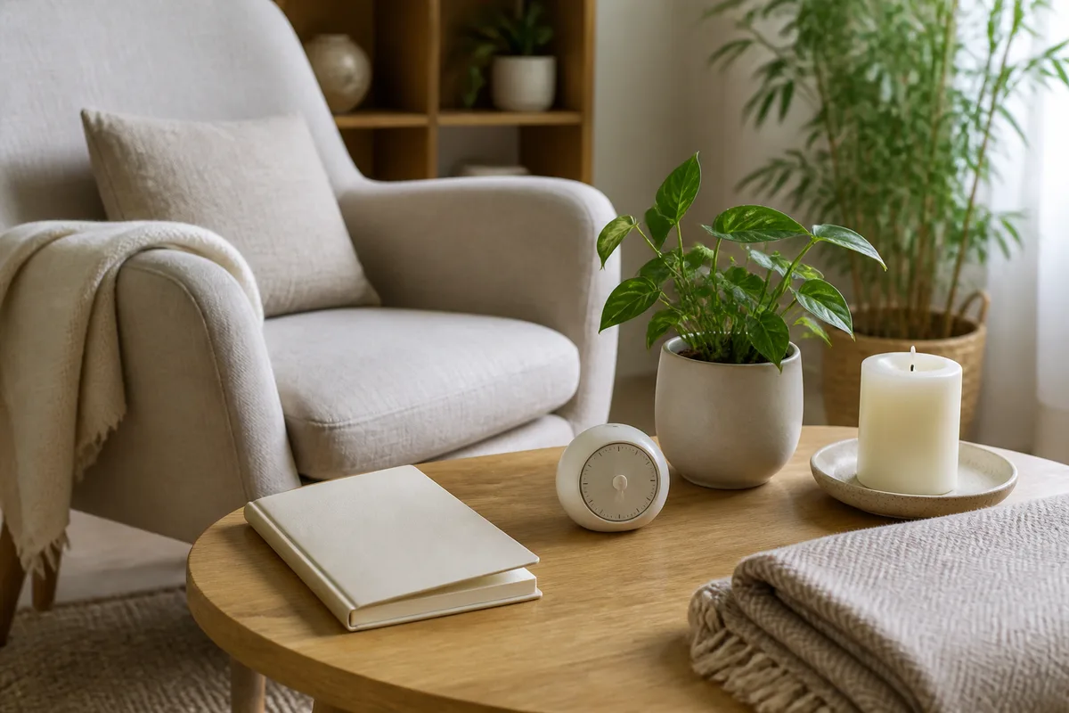 Un carnet et un minuteur posés sur une table basse à côté d une plante verte