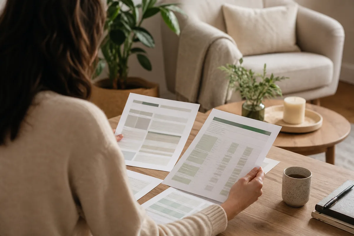 Une personne compare les garanties bien-être de son contrat de complémentaire santé sur une table de travail