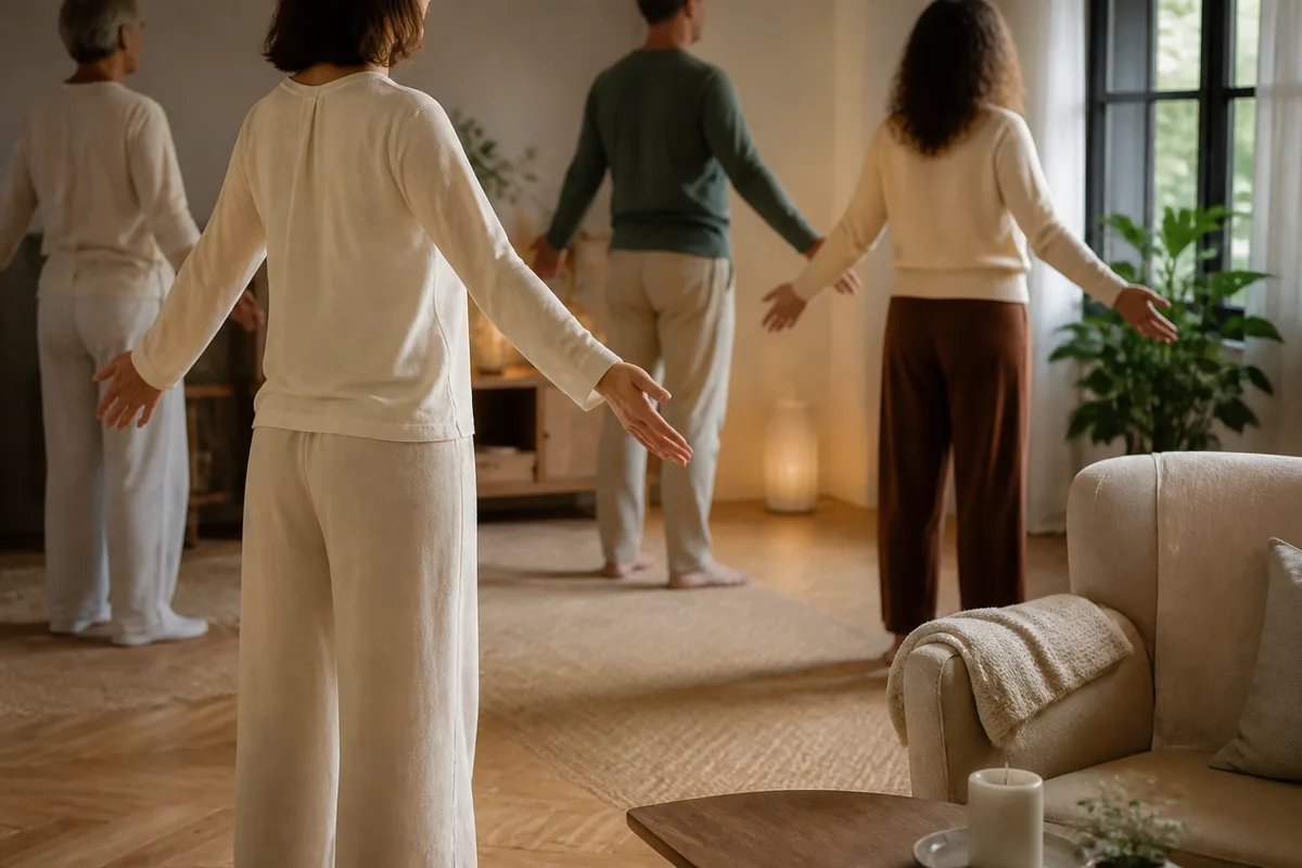 Un groupe pratique un exercice de relaxation debout dans une salle lumineuse