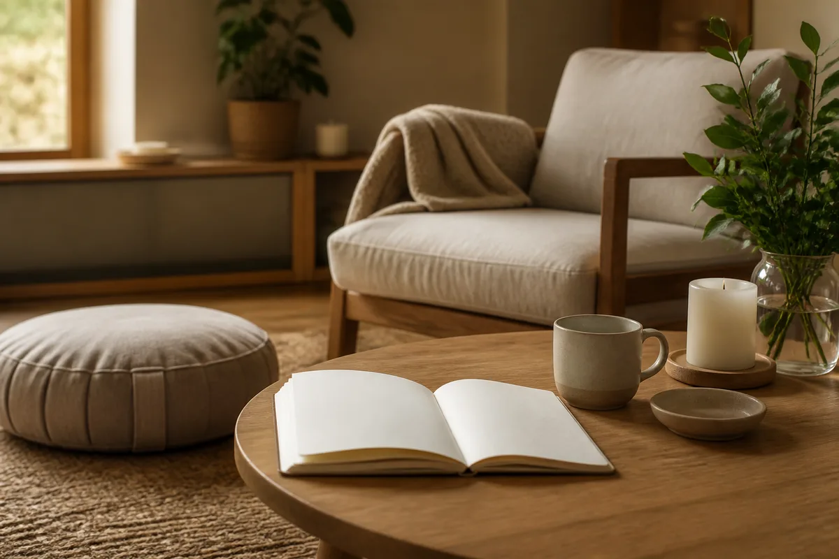 Un carnet ouvert sur une table basse avec une tasse et un coussin de méditation