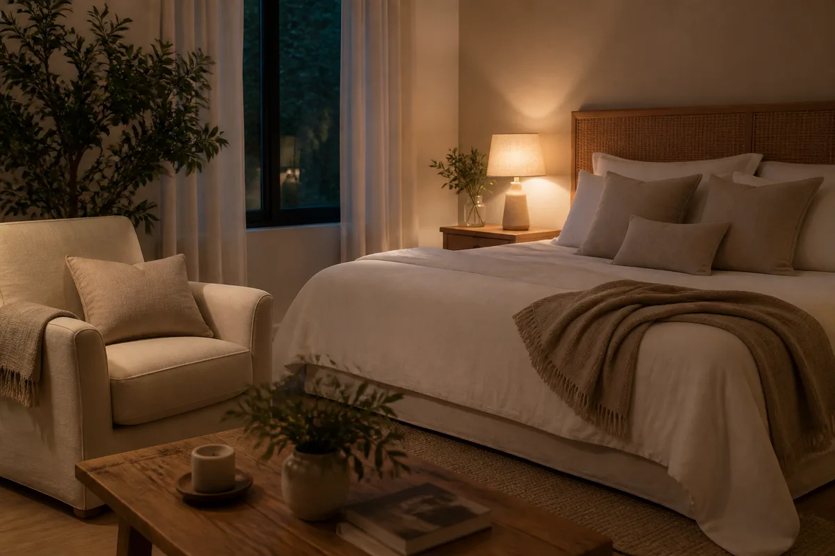 Une chambre calme éclairée par une lampe de chevet avec un lit préparé pour la nuit