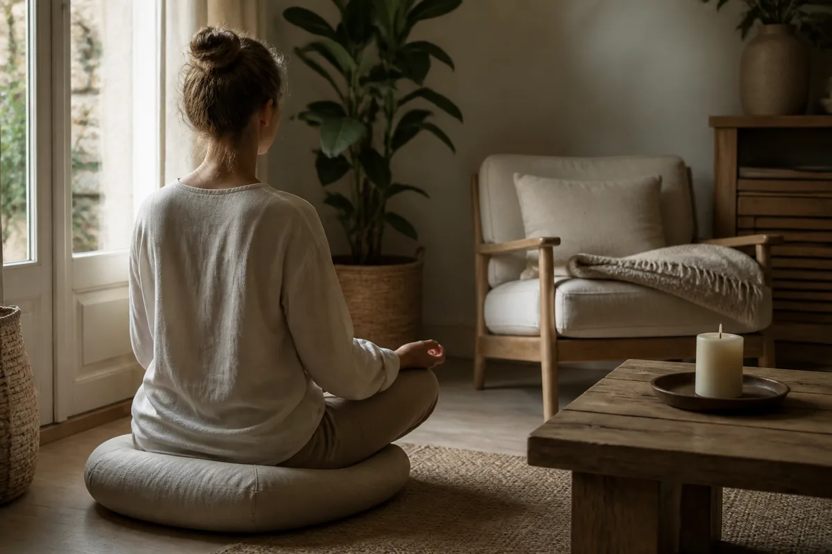 Une personne assise sur un coussin pratique la respiration près d une fenêtre